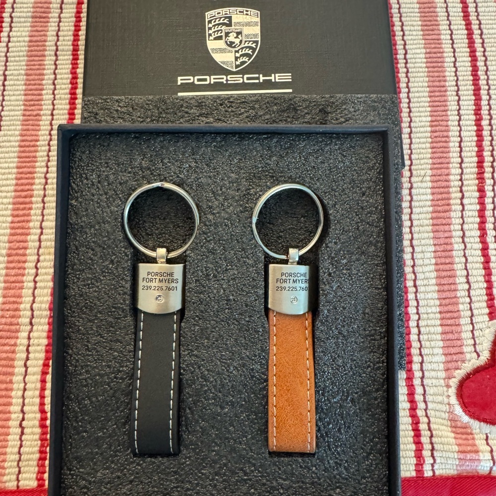 Porsche Black and Brown Leather Keychain Set, New in Box - Picture 3 of 4